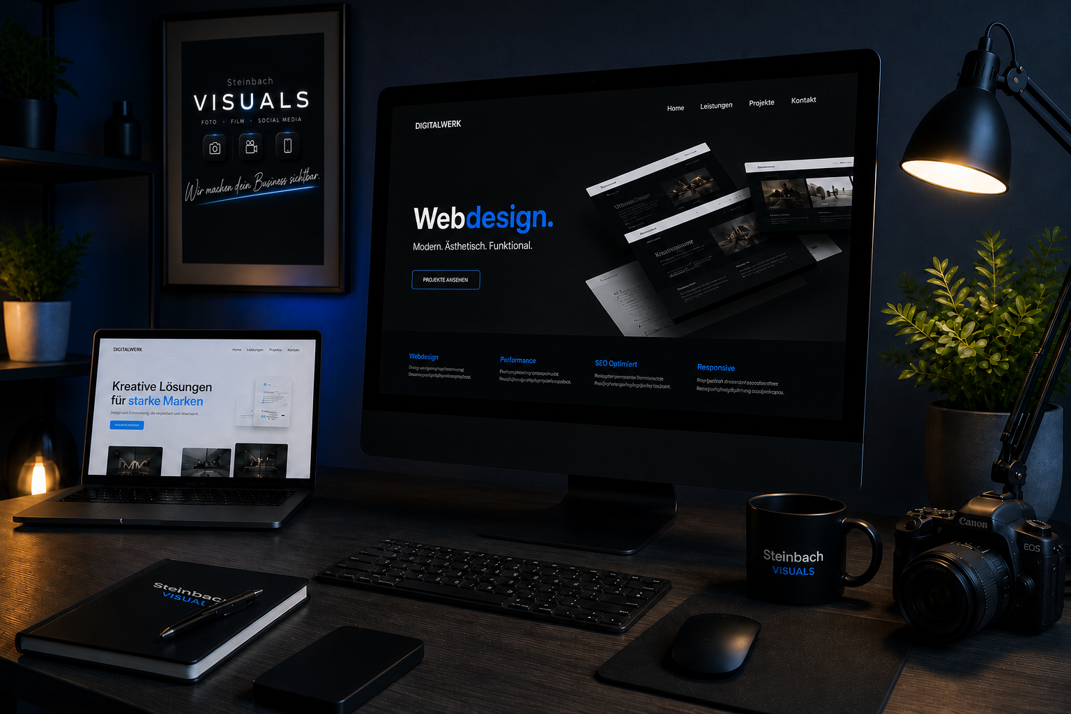 Webdesign Steinbach Visuals — Premium-Webseite auf Monitor und Notebook